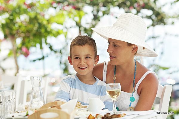 mother and son at a restaurant