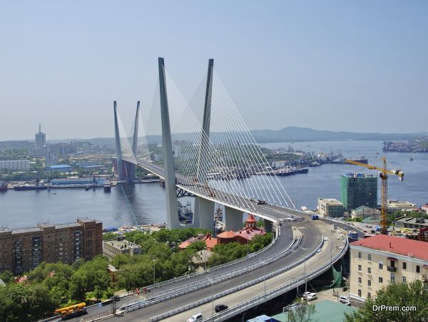 Guyed bridge in the Vladivostok over the Golden Horn bay