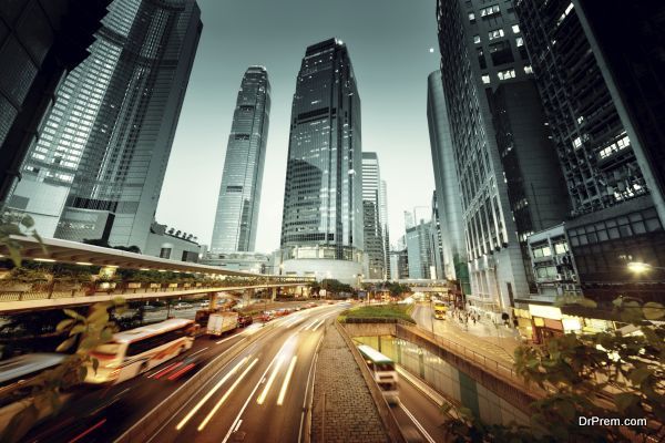 traffic in Hong Kong at sunset time