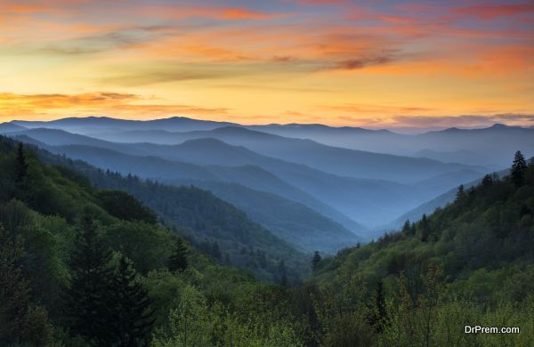 Sunrise Landscape Great Smoky Mountains National Park Gatlinburg TN and Oconaluftee Valley Cherokee NC