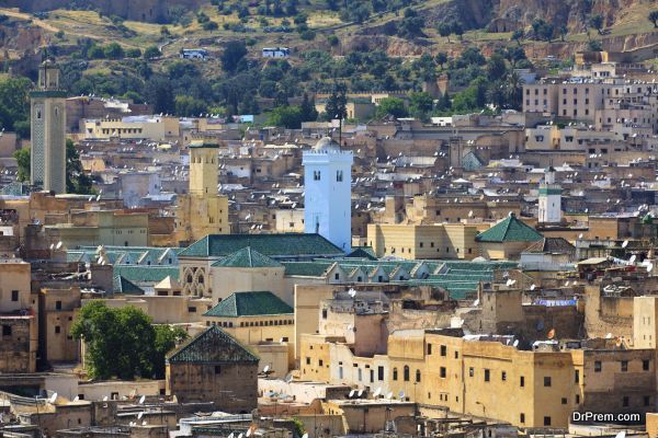 An overview of the the city Fez Medina, The building with green roof is the famous The Mosque of al-Qarawiyyin (Kairaouine Mosque)