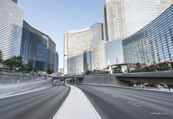 modern buildings and highway overpass